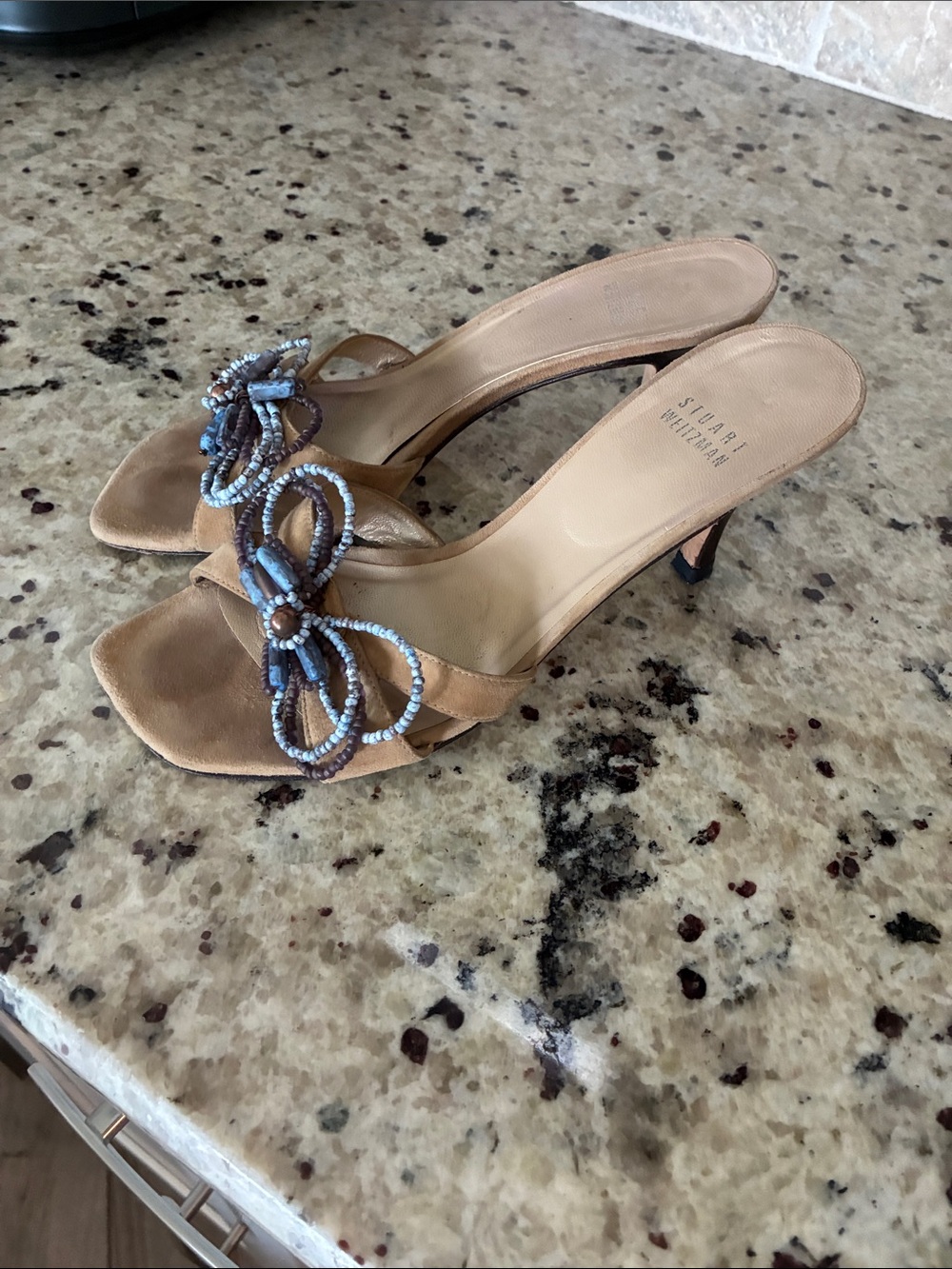 Stuart Weitzman Tan Slide Heels with Blue Beaded Bow